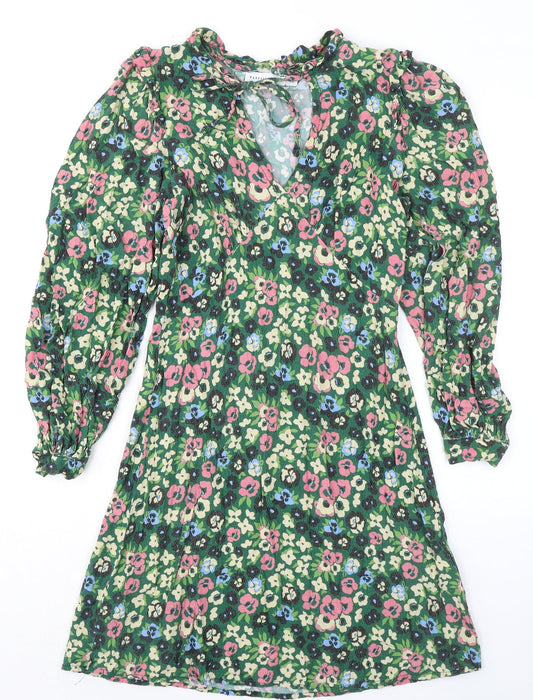 Warehouse Womens Green Floral Viscose A-Line Size 10 V-Neck Lace Up