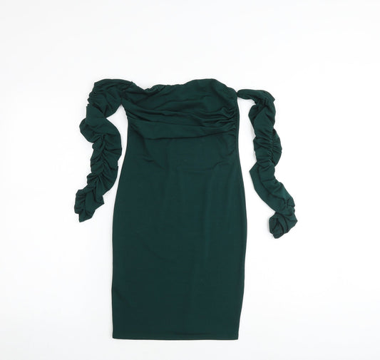 PRETTYLITTLETHING Womens Green Polyester Mini Size 8 Off the Shoulder Pullover - Cold Shoulder