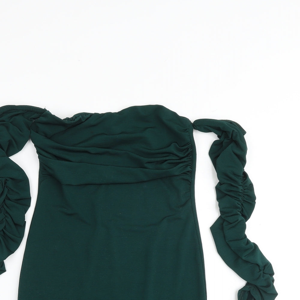 PRETTYLITTLETHING Womens Green Polyester Mini Size 8 Off the Shoulder Pullover - Cold Shoulder