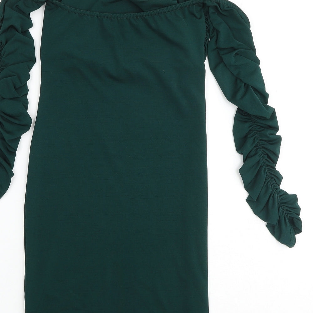 PRETTYLITTLETHING Womens Green Polyester Mini Size 8 Off the Shoulder Pullover - Cold Shoulder