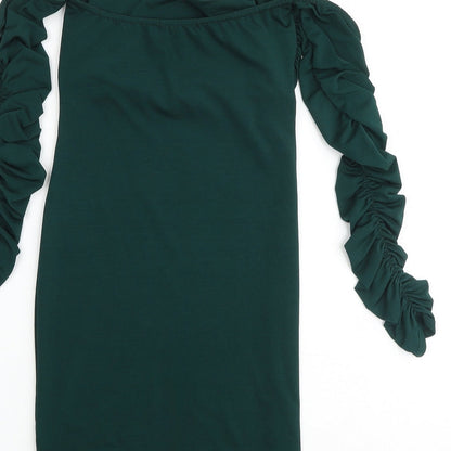 PRETTYLITTLETHING Womens Green Polyester Mini Size 8 Off the Shoulder Pullover - Cold Shoulder