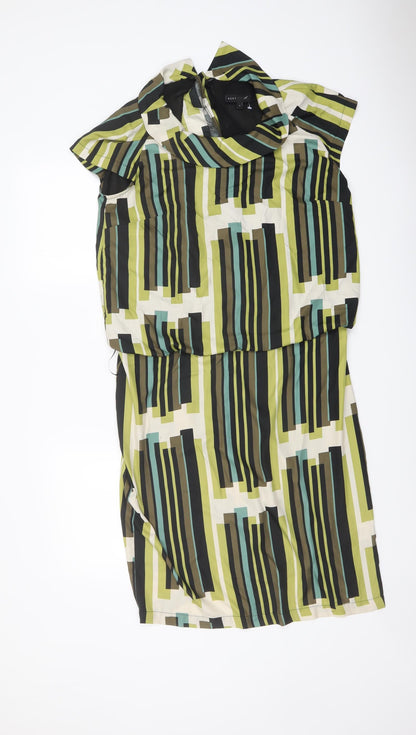NEXT Womens Green Geometric Polyester Sheath Size 12 Collared Button