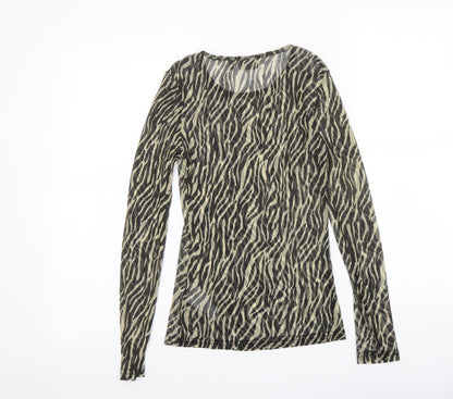 b.young Womens Black Animal Print Polyester Basic T-Shirt Size 12 Boat Neck