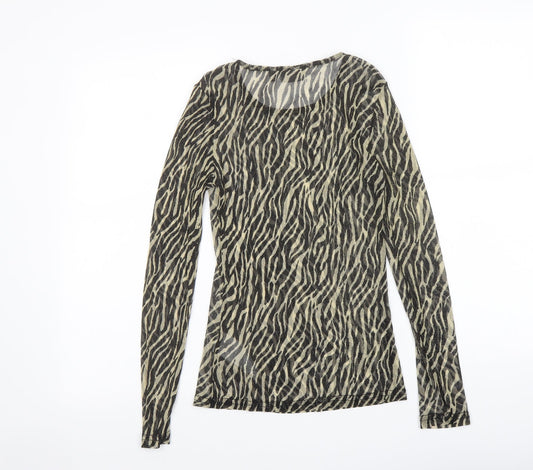 b.young Womens Black Animal Print Polyester Basic T-Shirt Size 12 Boat Neck