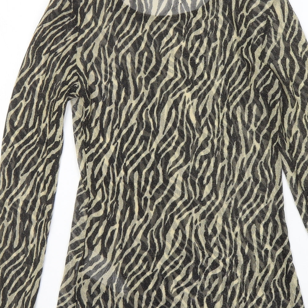 b.young Womens Black Animal Print Polyester Basic T-Shirt Size 12 Boat Neck