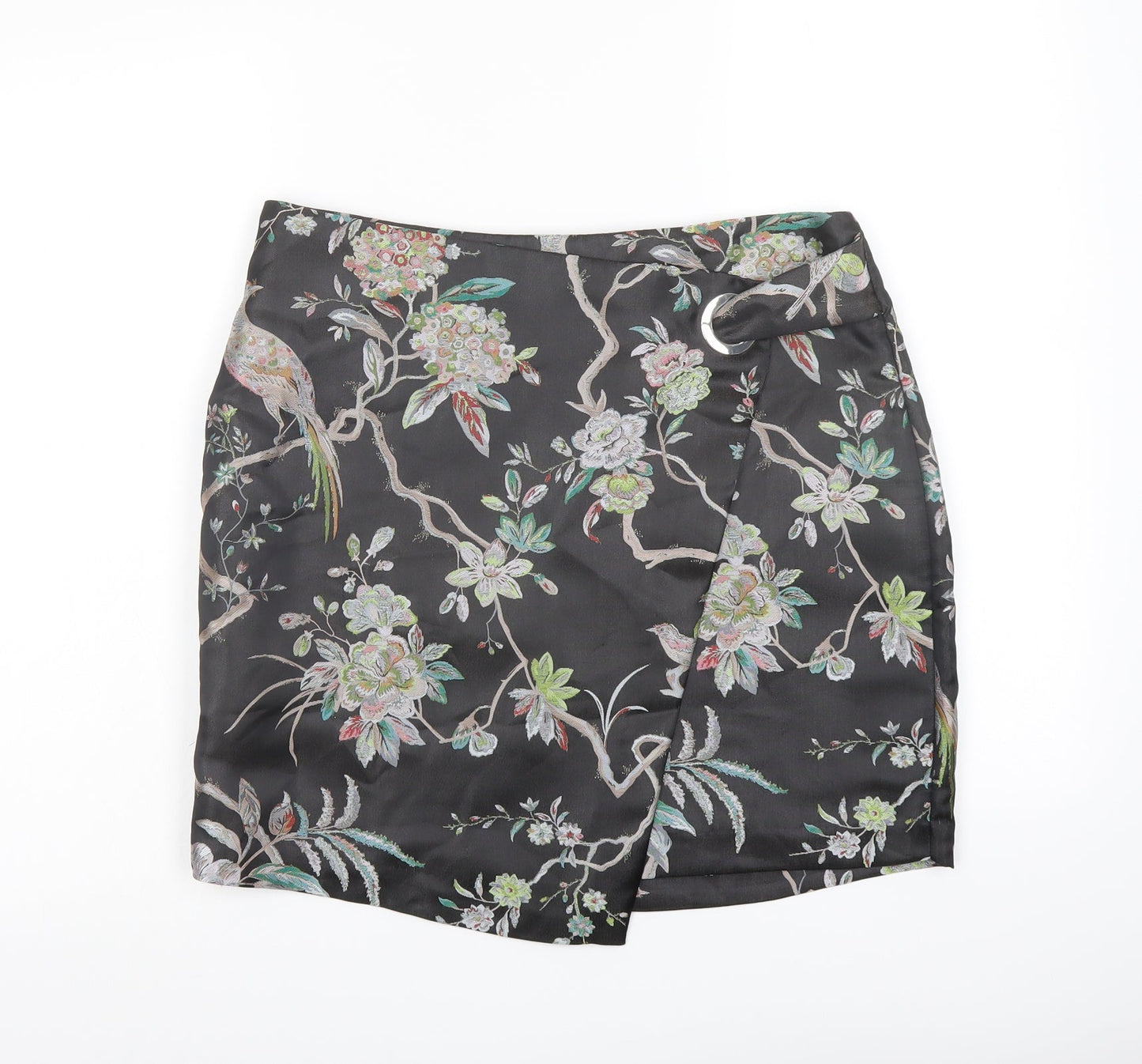 H&M Womens Black Floral Polyester A-Line Skirt Size 12 Zip