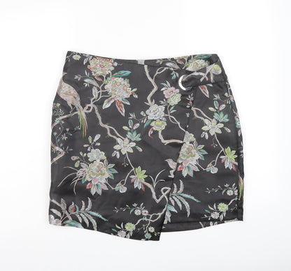 H&M Womens Black Floral Polyester A-Line Skirt Size 12 Zip