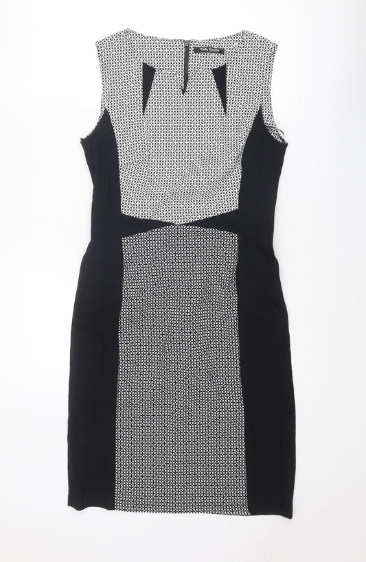 Betty Barclay Womens Black Geometric Cotton Shift Size 12 Round Neck Zip