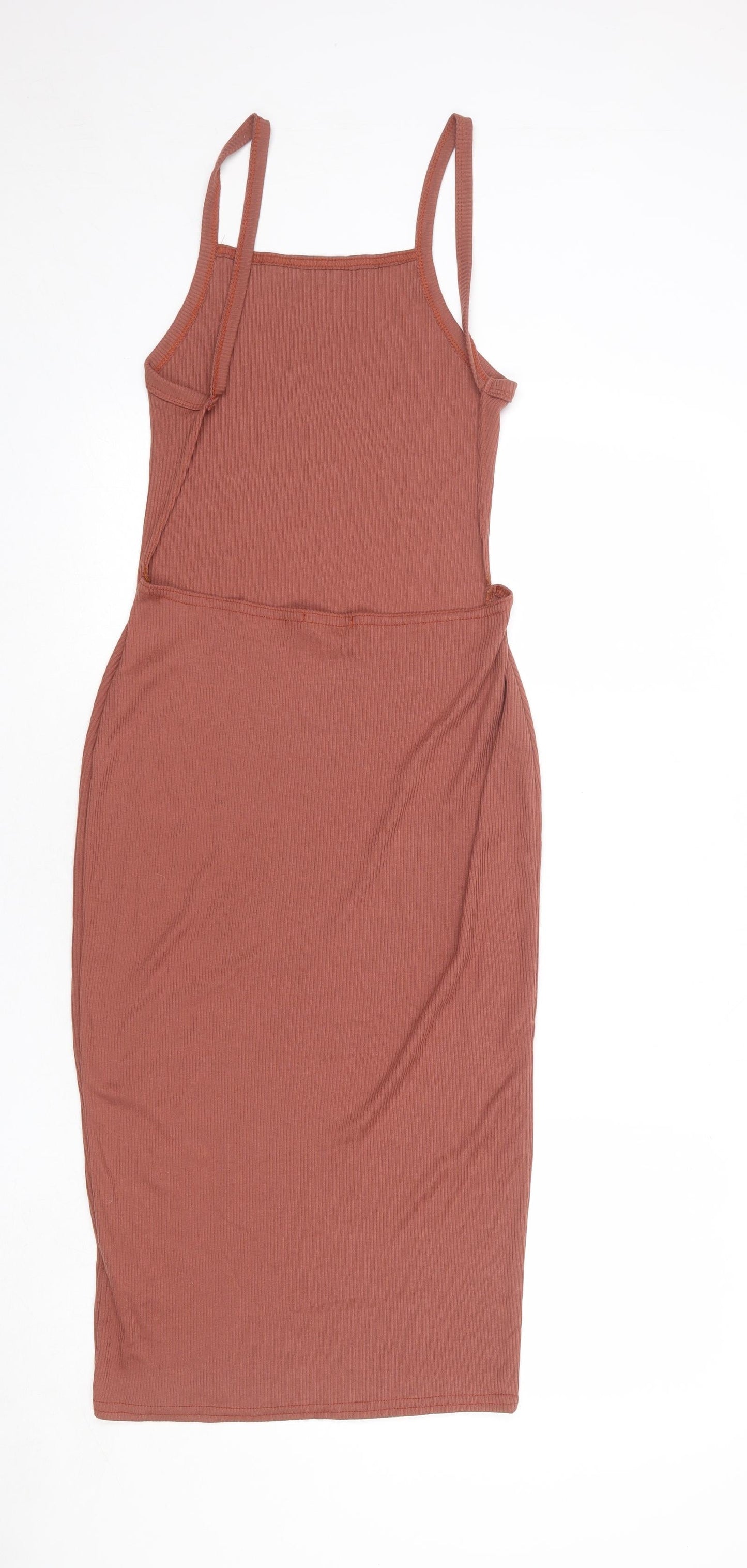 PRETTYLITTLETHING Womens Brown Polyester Tank Dress Size 10 Square Neck Pullover - Open Back