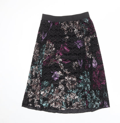 Classic Womens Black Floral Polyester Swing Skirt Size 8
