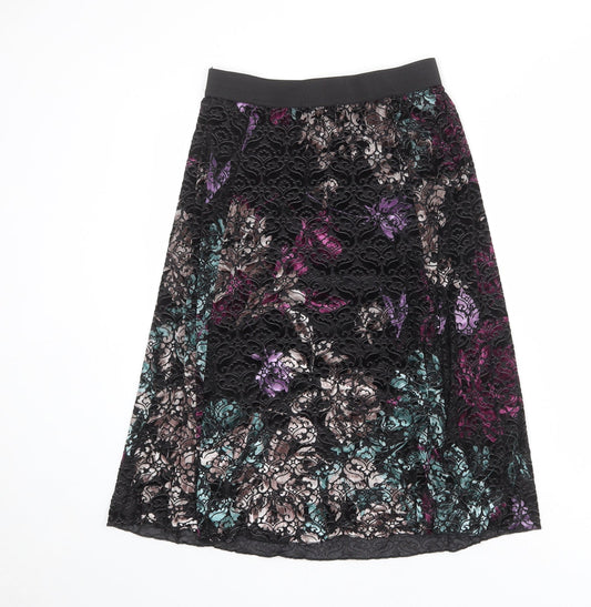 Classic Womens Black Floral Polyester Swing Skirt Size 8