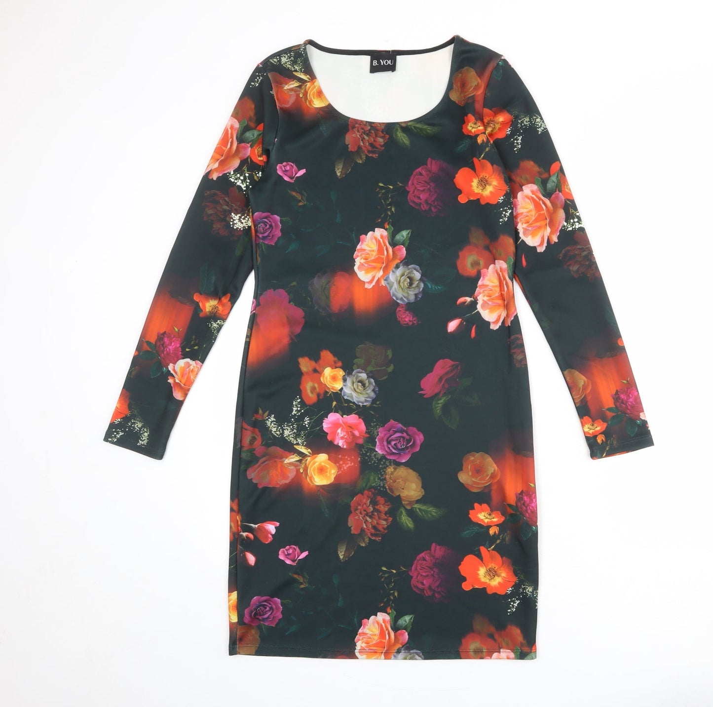 B.You Womens Black Floral Polyester Sheath Size 12 Boat Neck Pullover