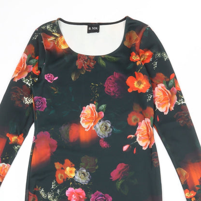 B.You Womens Black Floral Polyester Sheath Size 12 Boat Neck Pullover