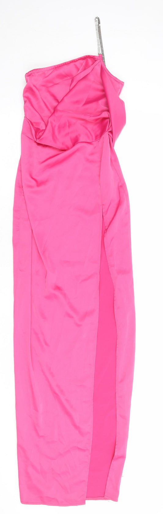 PRETTYLITTLETHING Womens Pink Polyester Slip Dress Size 4 One Shoulder Zip