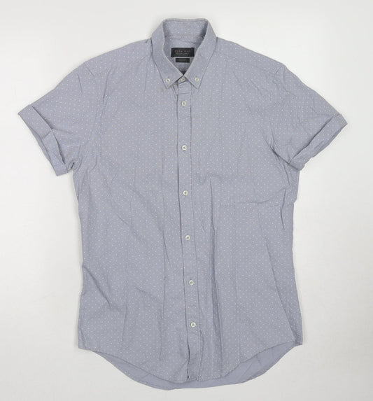 Zara Mens Blue Polka Dot Cotton Button-Up Size S Collared Button