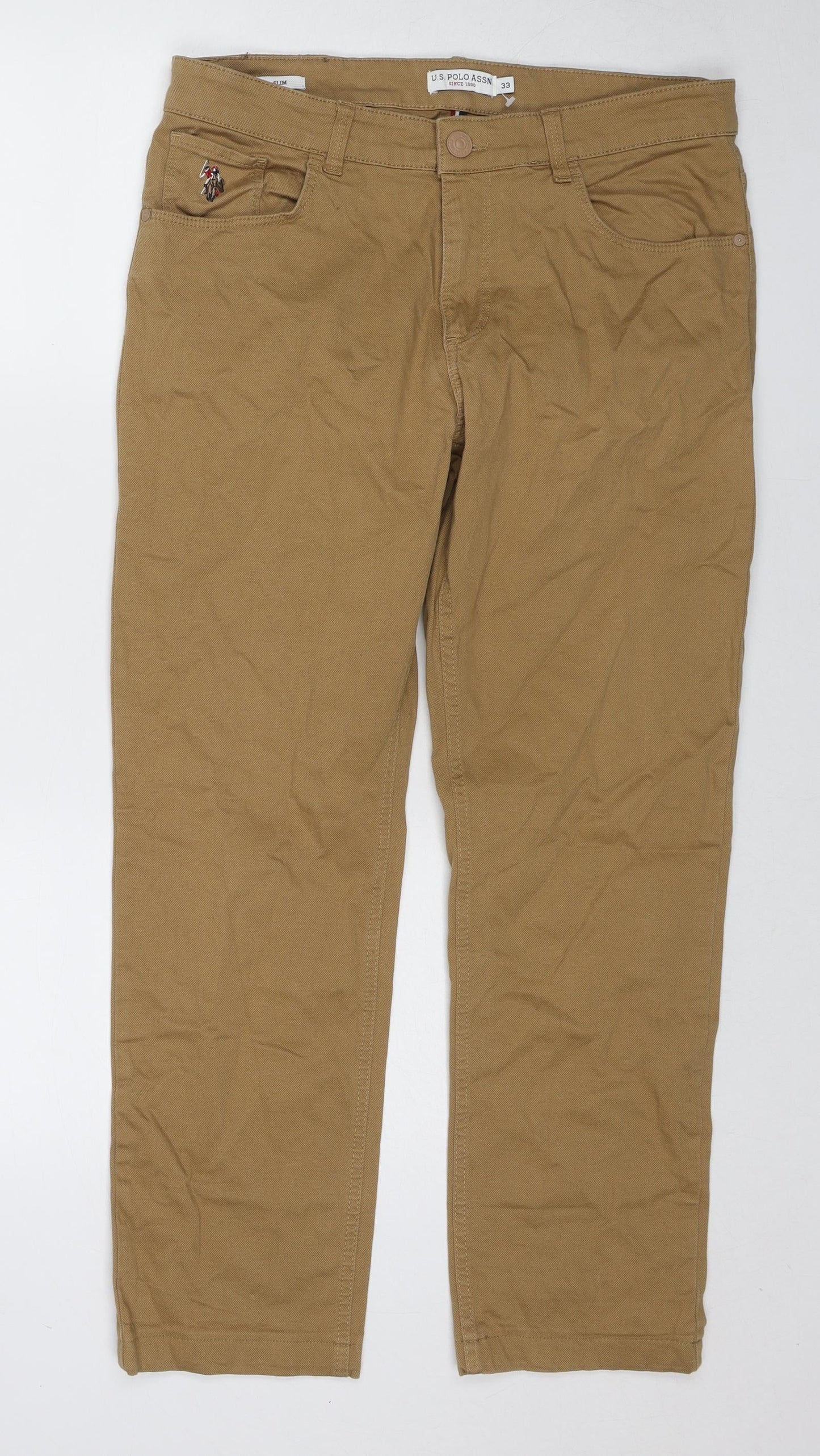 US Polo Assn. Mens Brown Cotton Trousers Size 33 in L26 in Regular Zip