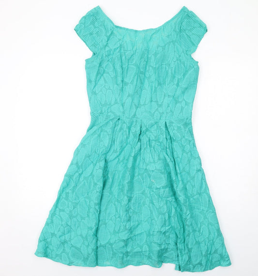 Principles Womens Green Geometric Viscose Fit & Flare Size 10 Boat Neck Zip - Cap Sleeve