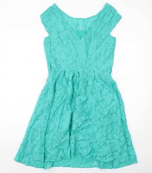 Principles Womens Green Geometric Viscose Fit & Flare Size 10 Boat Neck Zip - Cap Sleeve