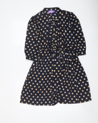 Purple Womens Blue Polka Dot Polyester Mini Size S Round Neck Button