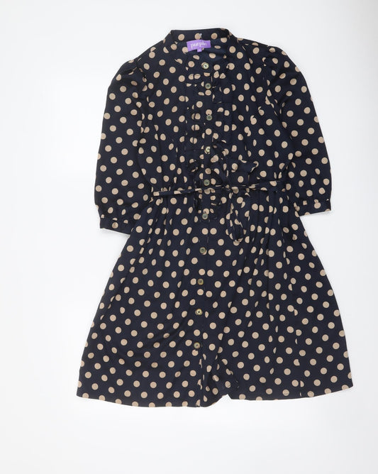 Purple Womens Blue Polka Dot Polyester Mini Size S Round Neck Button