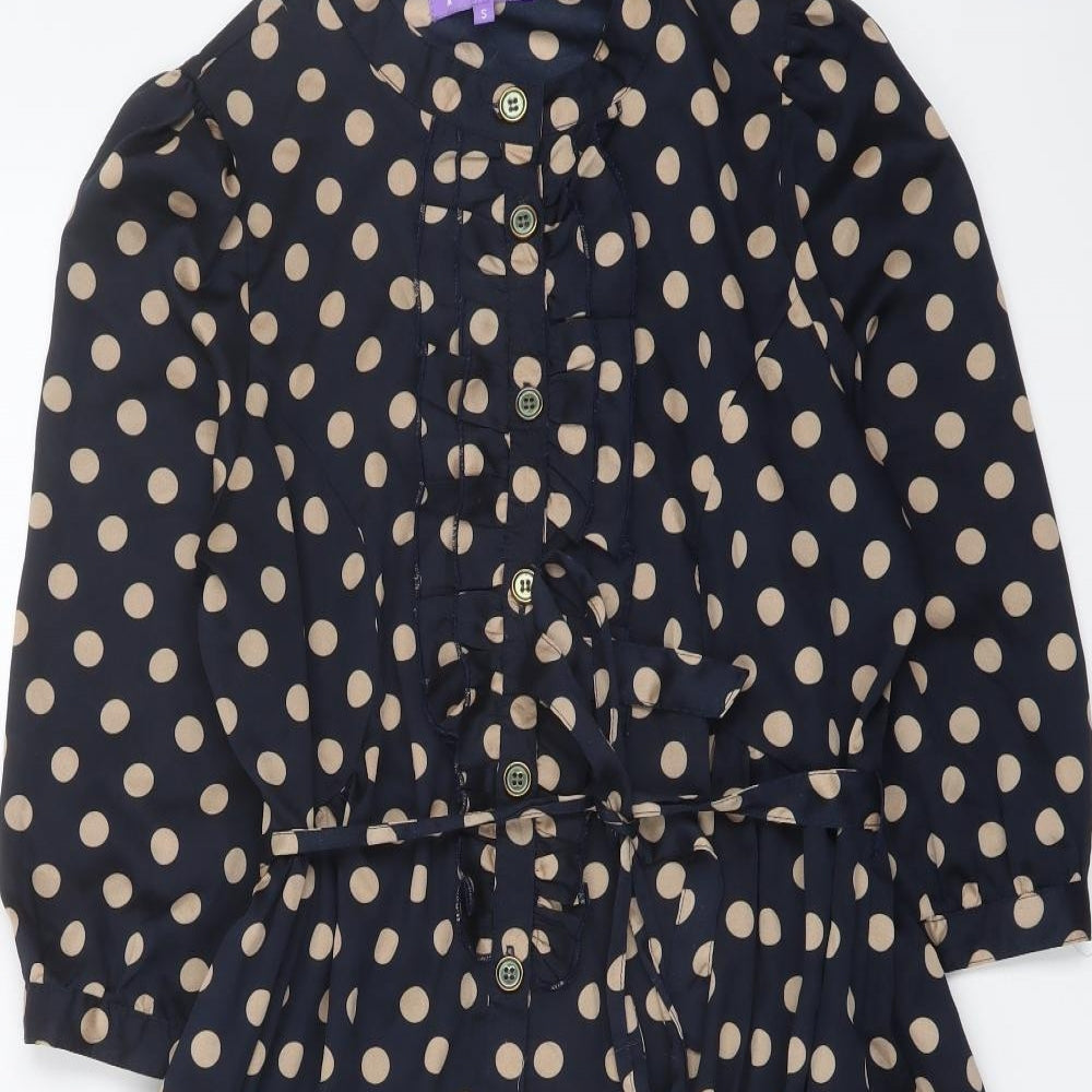 Purple Womens Blue Polka Dot Polyester Mini Size S Round Neck Button