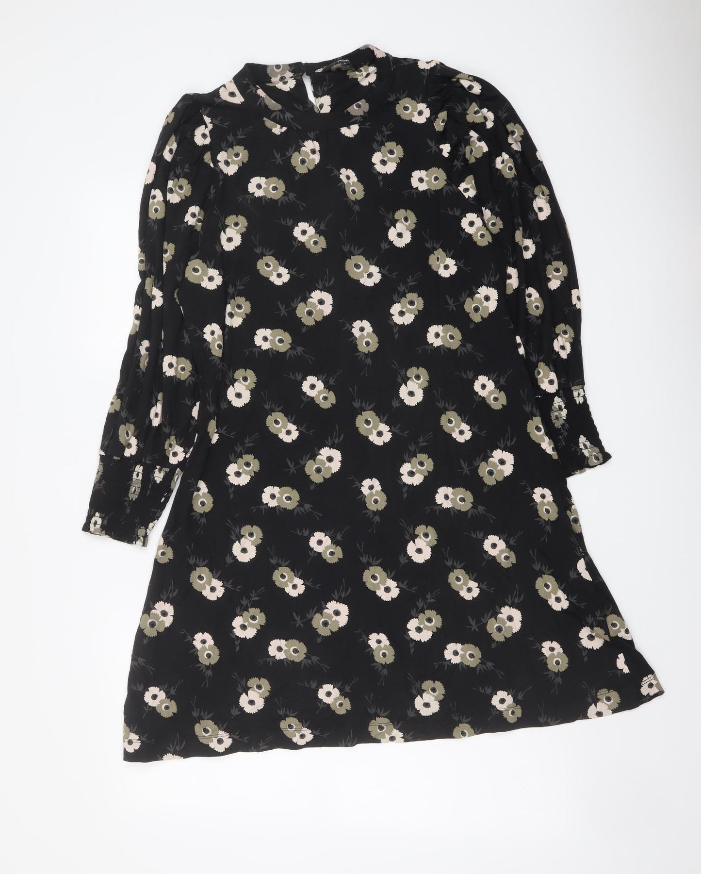 NEXT Womens Black Floral Viscose A-Line Size 6 Round Neck Button