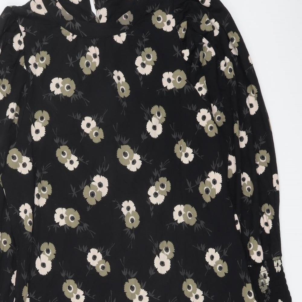 NEXT Womens Black Floral Viscose A-Line Size 6 Round Neck Button