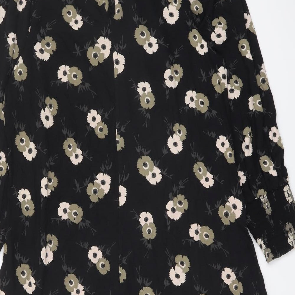 NEXT Womens Black Floral Viscose A-Line Size 6 Round Neck Button