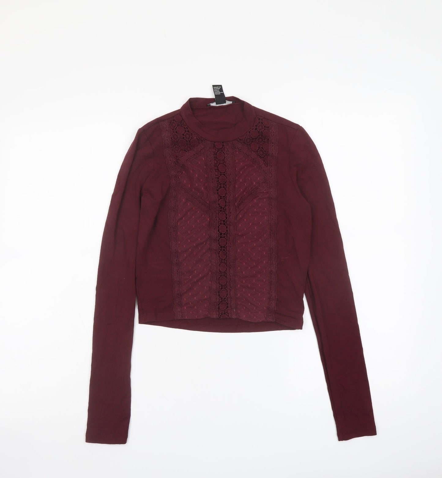 FOREVER 21 Womens Red Geometric Polyester Basic T-Shirt Size S Mock Neck