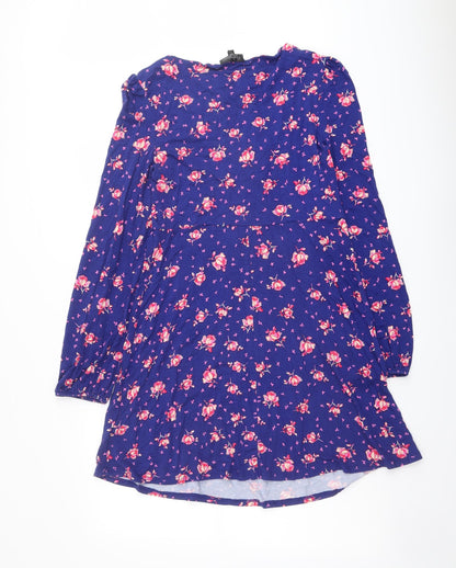 Topshop Womens Blue Floral Viscose A-Line Size 14 V-Neck Pullover