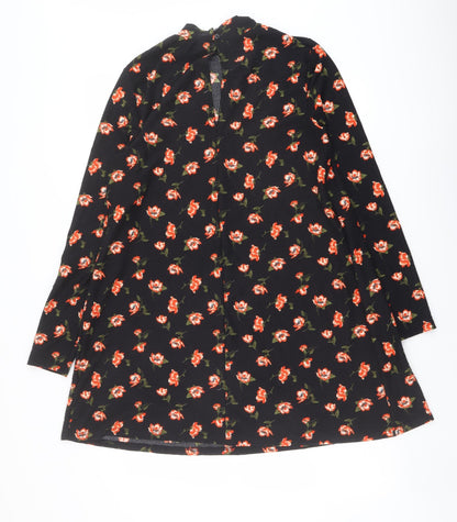 Miss Selfridge Womens Black Floral Polyester A-Line Size 12 Mock Neck Button