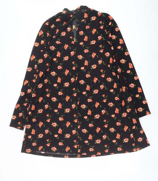 Miss Selfridge Womens Black Floral Polyester A-Line Size 12 Mock Neck Button