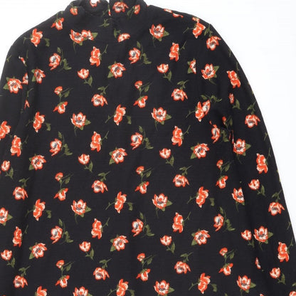 Miss Selfridge Womens Black Floral Polyester A-Line Size 12 Mock Neck Button