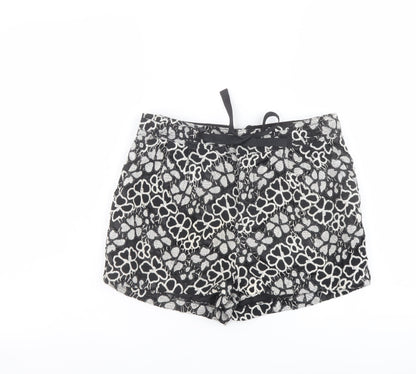 H&M Womens Black Floral Cotton Basic Shorts Size 6 L3 in Regular Zip