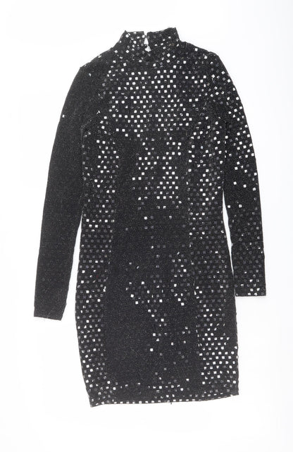 River Island Womens Black Geometric Nylon Shift Size 10 Mock Neck Button - Open Back