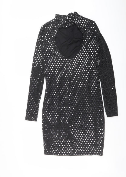 River Island Womens Black Geometric Nylon Shift Size 10 Mock Neck Button - Open Back