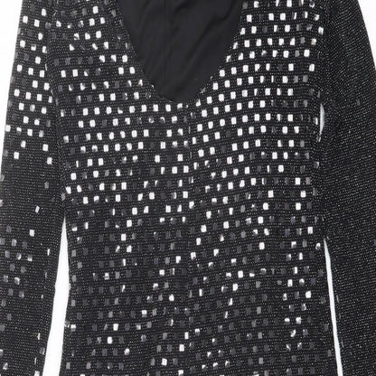 River Island Womens Black Geometric Nylon Shift Size 10 Mock Neck Button - Open Back