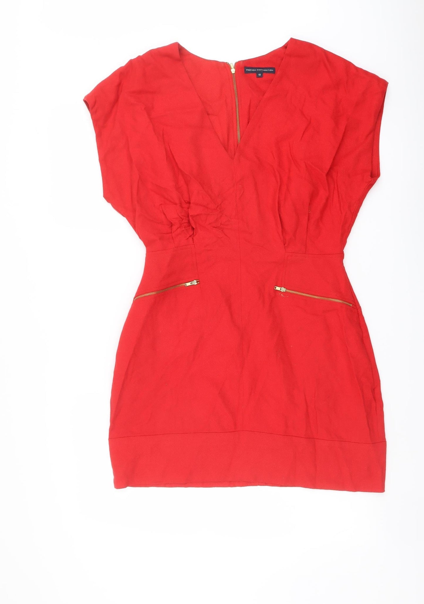 French Connection Womens Red Polyester Mini Size 10 V-Neck Zip