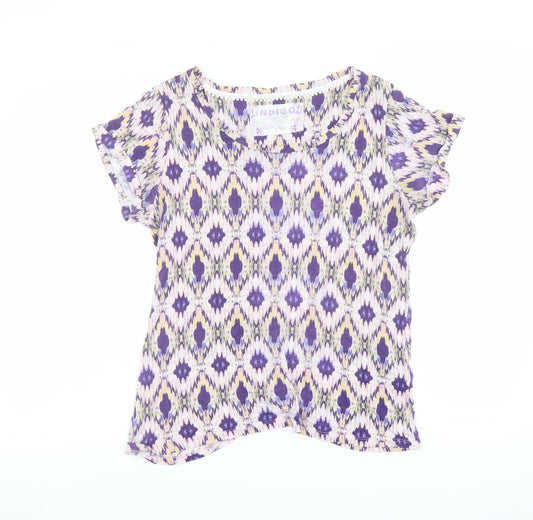 Indigo Womens Purple Geometric Modal Basic T-Shirt Size 12 Boat Neck - Mosaic Print