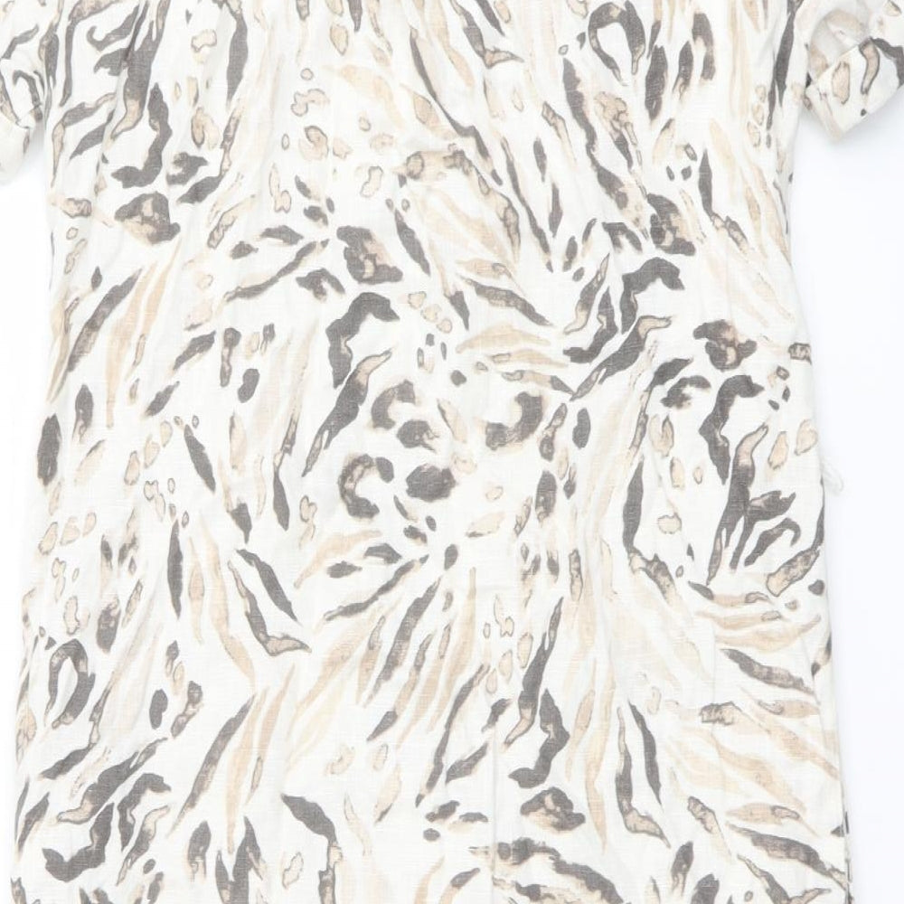 Marks and Spencer Womens Beige Geometric Linen Shift Size 8 Round Neck Button