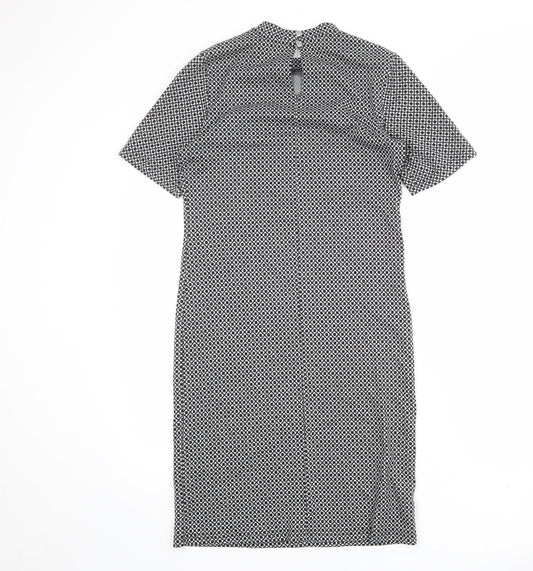 Dorothy Perkins Womens Grey Geometric Polyester Shift Size 12 Mock Neck Button