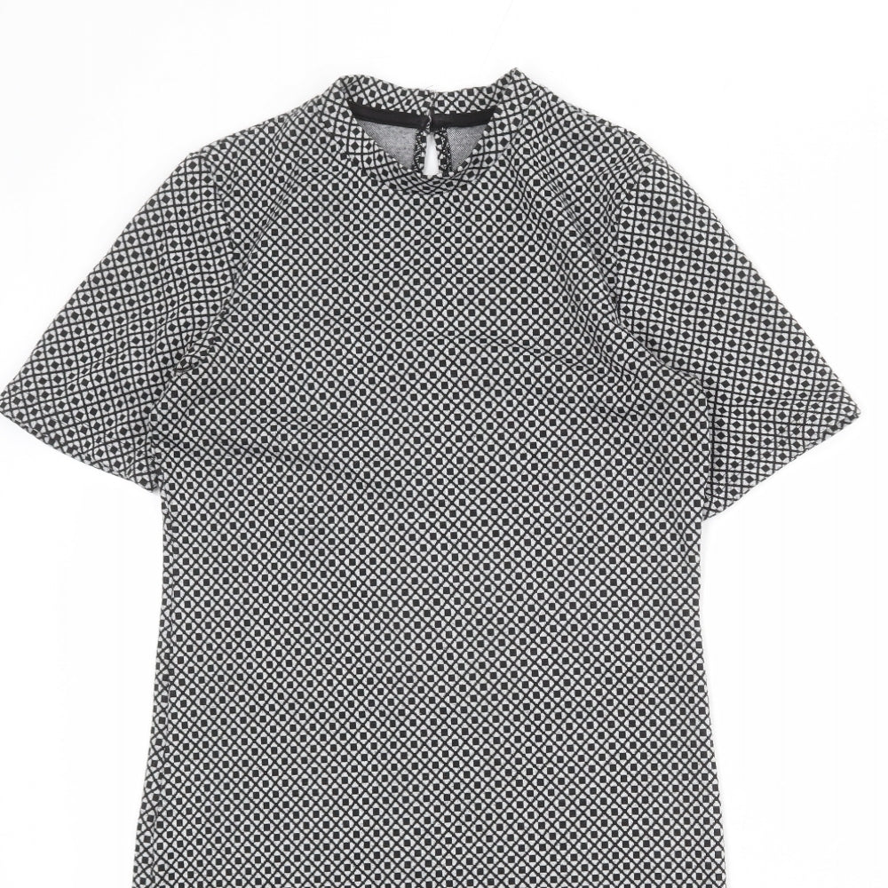 Dorothy Perkins Womens Grey Geometric Polyester Shift Size 12 Mock Neck Button