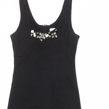 Wallis Womens Black Polyester Tank Dress Size 8 Scoop Neck Zip - Embellished Neckline