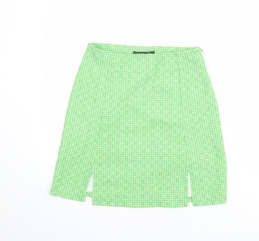 Boohoo Womens Green Geometric Polyester A-Line Skirt Size 10 Zip