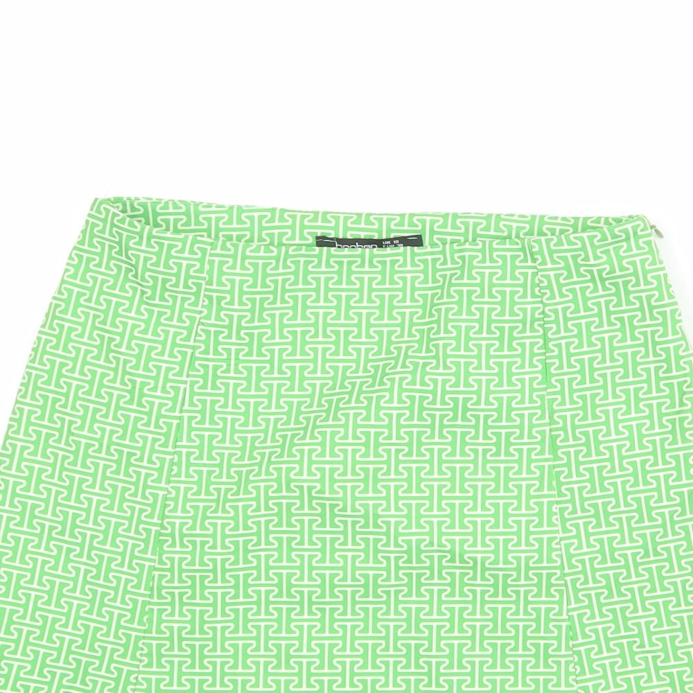 Boohoo Womens Green Geometric Polyester A-Line Skirt Size 10 Zip