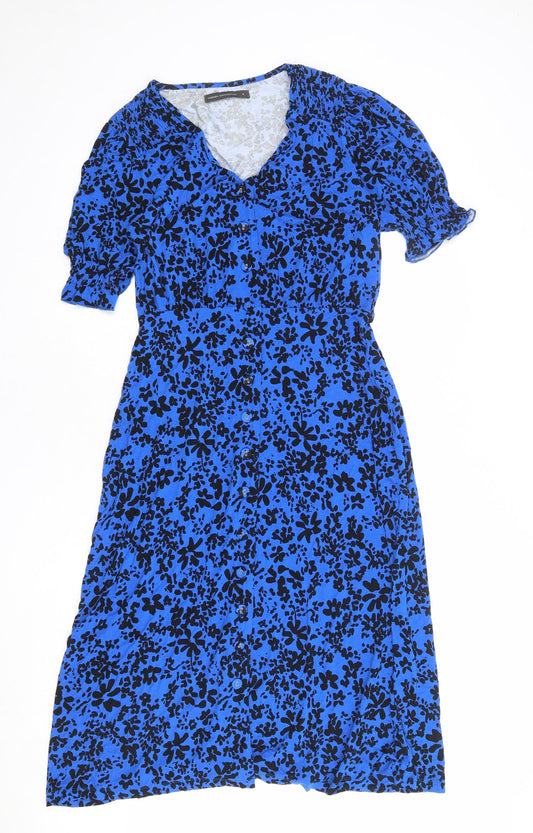 French Connection Womens Blue Floral Polyester A-Line Size S V-Neck Button