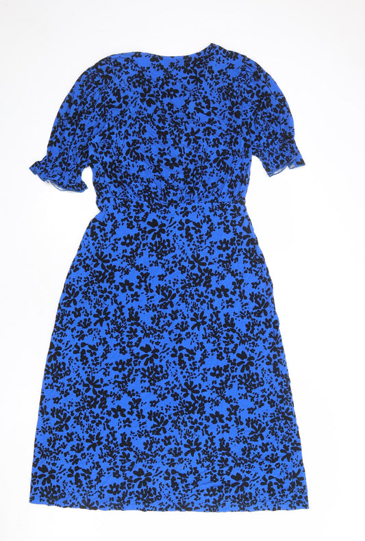 French Connection Womens Blue Floral Polyester A-Line Size S V-Neck Button