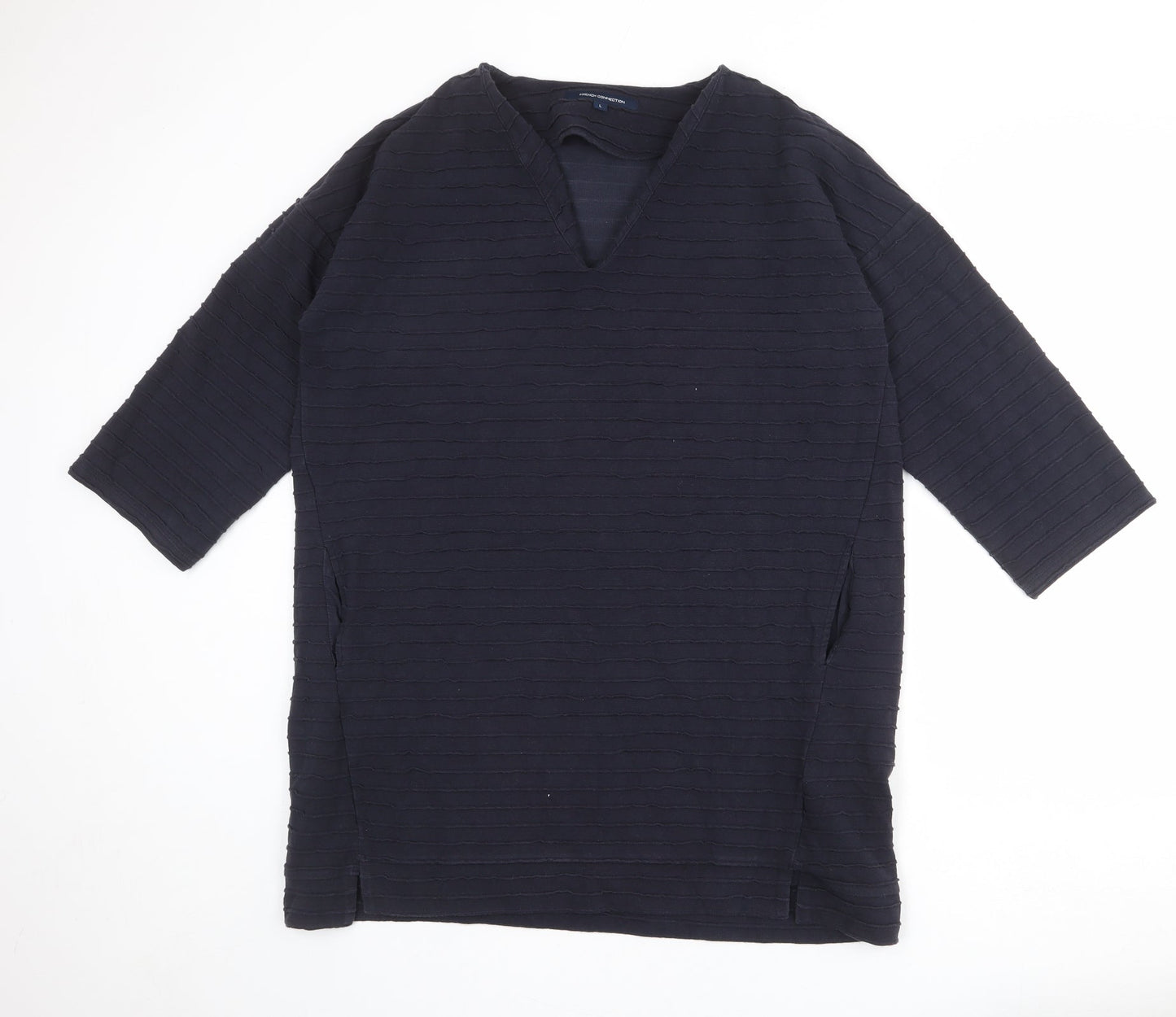 French Connection Womens Blue Cotton Shift Size L V-Neck Pullover - Textured