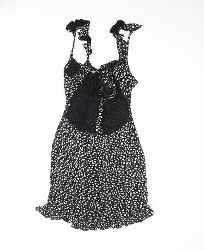PRETTYLITTLETHING Womens Black Animal Print Polyester Tank Dress Size 10 V-Neck Tie
