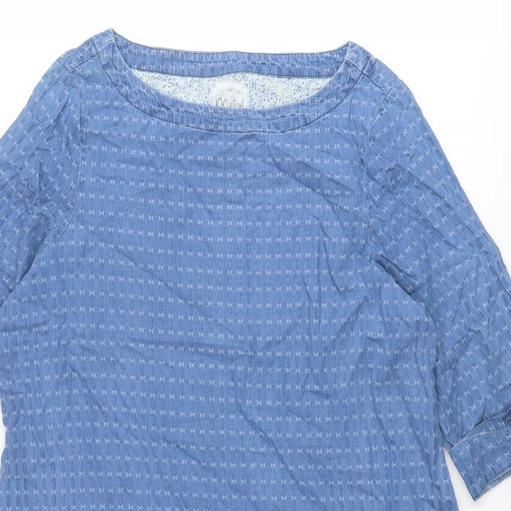 Mistral Womens Blue Geometric Cotton Shift Size 16 Boat Neck Pullover